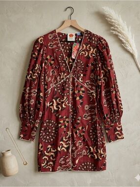 Farm Rio x Anthropologie Wine Snake Print V-Neck Long Sleeve Mini Dress NWT S